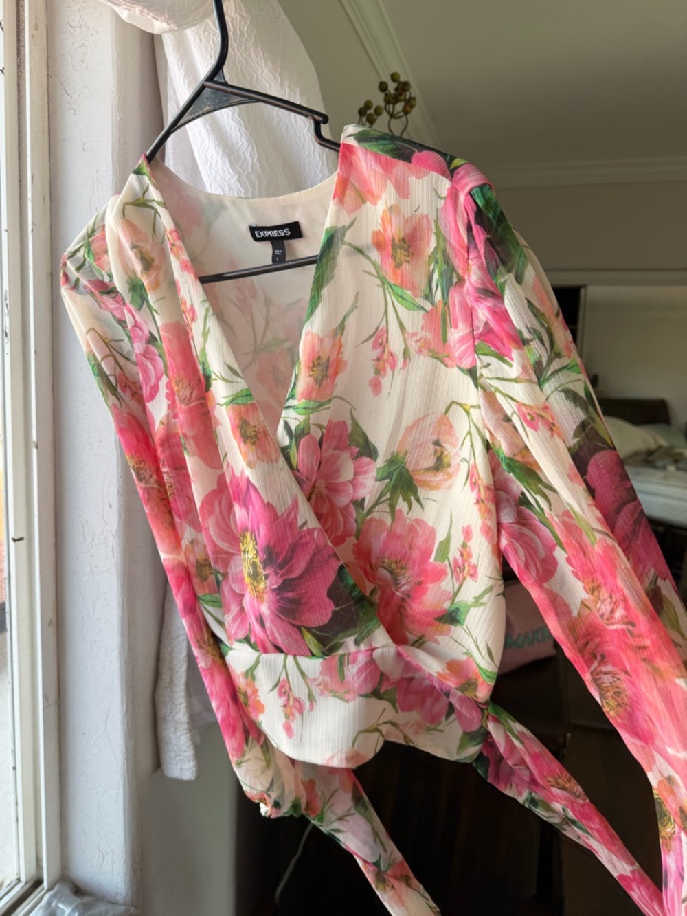 Express Pink and Cream Floral Wrap Blouse